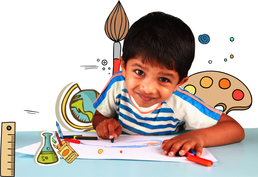 male toddler drawing with cryons smiling